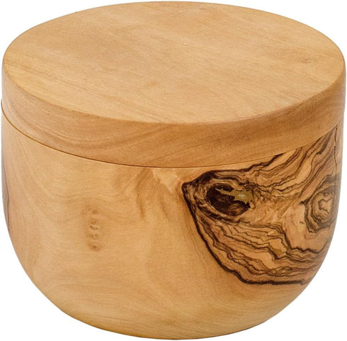 Handcrafted Salt Keeper with Magnetic Lid, 4" Round, Olive Wood by Berard