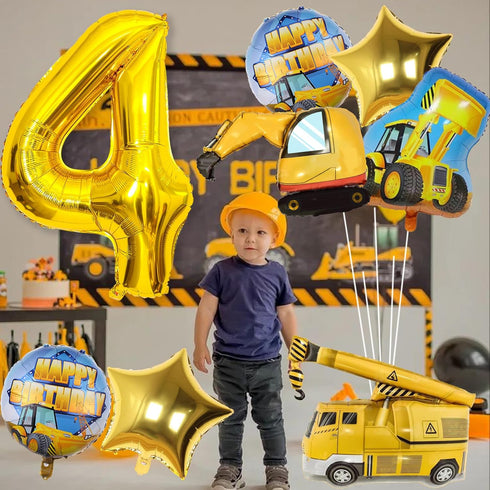 Teslite 4th 9Pcs 40 Inch 4 Bulldozer Set 4 Construction Balloons Birthday, Gold Number Balloons with Large Excavator
