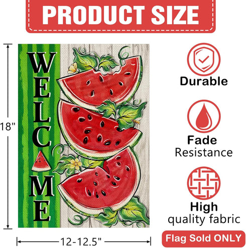 Welcome Summer Watermelon Decorative Garden Flag, Farmhouse Green Stripes Yard Outside Home Decoration, Rustic Seasonal Burlap Outdoor Small Decor Double Sided 12 x 18