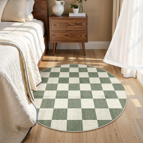 4 Bedroom(Green,120R) LIVEBOX Checkered Round Rug Ft Washable Area Rug for Playroom Classroom, Kids Non-Slip Neutral