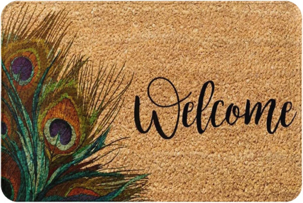 Welcome Peacock Feather Doormat - Nature Welcome Rug, Non-Slip Mat for Front Door Outdoor Entry, Housewarming Gift,