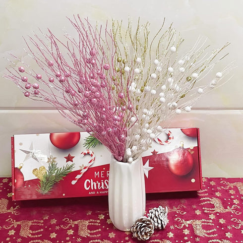 24 Losris Christmas Artificial Glitter Berry Stem Decorations Decorative Bead Sticks Xmas Picks Glittery Twigs Branches