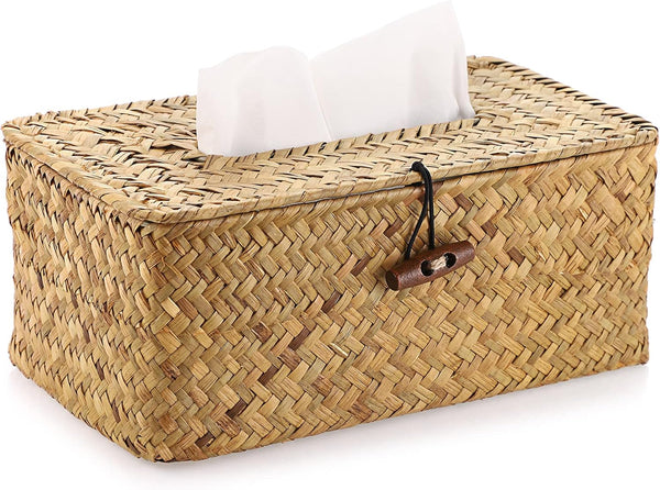 Sumnacon Rectangle Tissue Box Cover, Woven Seagrass Tissue Holder for Bathroom, Decorative Tissue Cover for Home Office