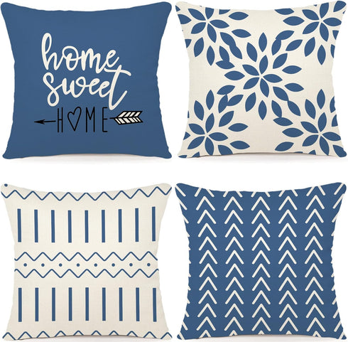 YCOLL Pillow Covers 16x16 Set of 4 - Modern Outdoor Linen Fabric Pillow Case for Couch, Light Blue