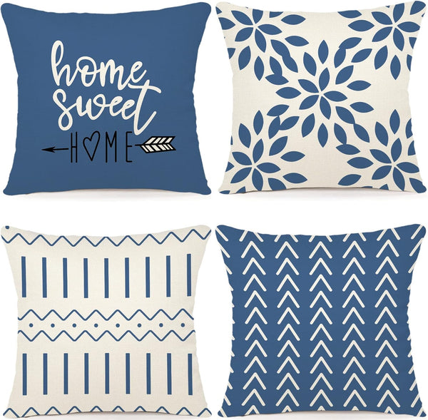 YCOLL Pillow Covers 16x16 Set of 4 - Modern Outdoor Linen Fabric Pillow Case for Couch, Light Blue