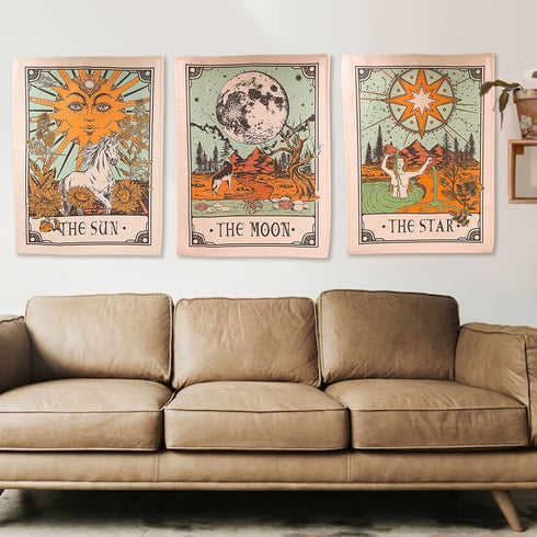 Accnicc 3 Pack Tarot Tapestry - Sun Moon and Star Wall Hanging, Vintage Aesthetic for Room (Brown, 15'' × 20'')