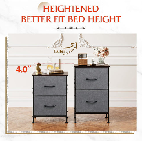 WLIVE Night Stand Set 2, Small Dresser and Nightstand with 2 Drawers, End Table with Fabric Bins for Bedroom