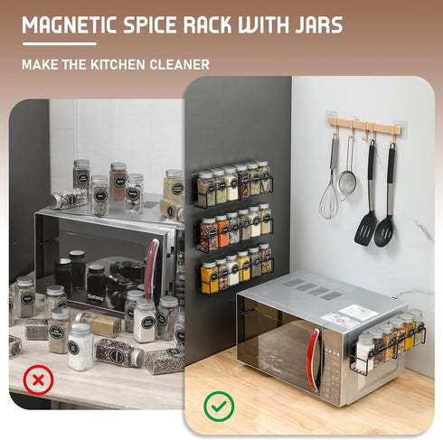 VITEVER Magnetic Spice Rack - 4 Pack with 24 Square Glass Jars, Quick-Find Labels, Funnel, Space Saver