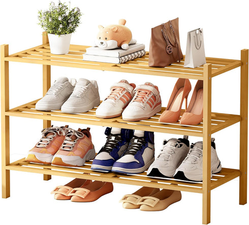 Bamboo Shoe Rack for Closet 3 Tier, Durable Wooden Shoe Rack, Space-Saving