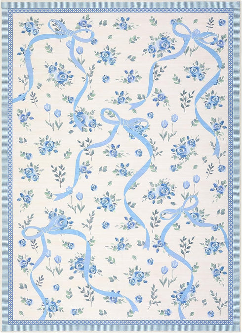 3x5 GarveeHome Floral Bow Rugs for Bedroom Girls, Rug for Living Room with Soft Low Pile, Blue and White Washable Area