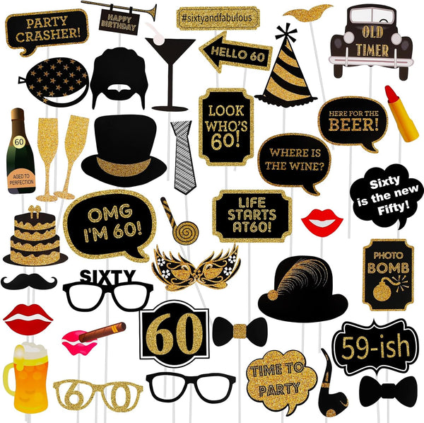 Adult 60th Birthday Photo Booth Props, 41Pcs for Her Him, Gold and Red Decorations, Party Supplies
