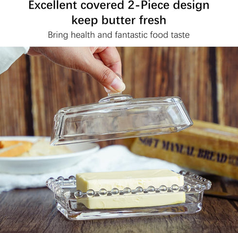 6.5'' 2-Piece Countertop,Dishwasher Clear Glass Butter Dish with Handled Lid,Classic Design Butter Keeper For Safe