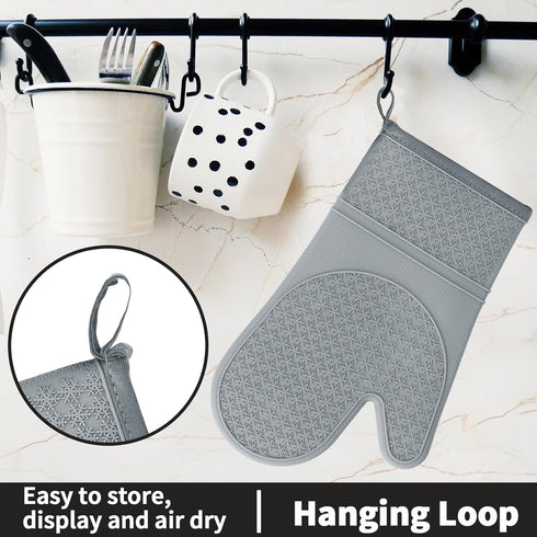 Hovico Silicone Oven Mitts, 2PCS Grey Oven Gloves with Non-Slip Waterproof, Heat Resistant 600 Degree