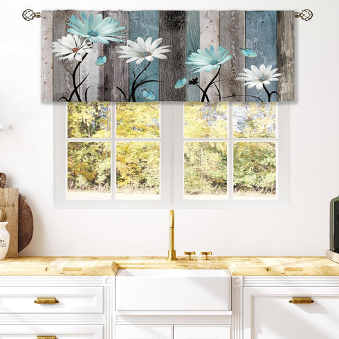 Teal Farmhouse Daisy Curtain Valance for Window Treatments, Rustic Floral Butterfly Kitchen Drapes, 52x18 Inch