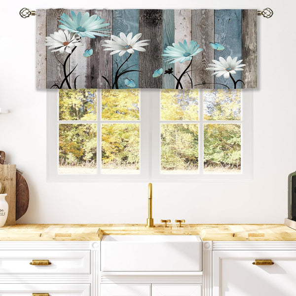 Teal Farmhouse Daisy Curtain Valance for Window Treatments, Rustic Floral Butterfly Kitchen Drapes, 52x18 Inch