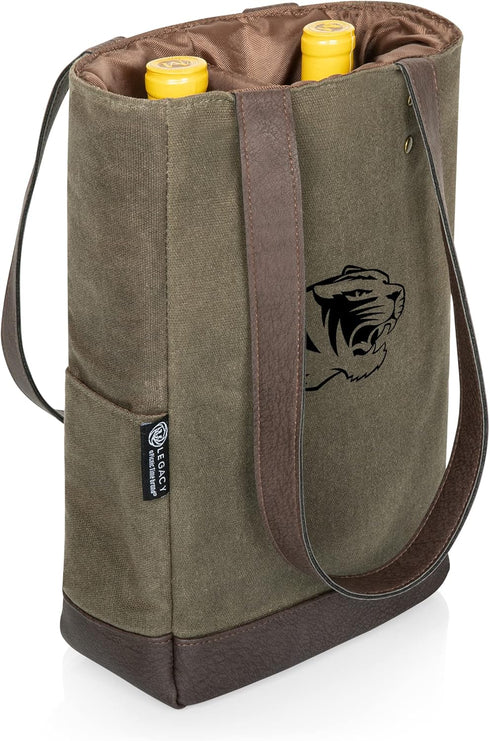 PICNIC TIME 2 Bottle Insulated, Distressed Waxed Canvas Tote, Wine Gift Bag, Khaki Green with Beige Accents