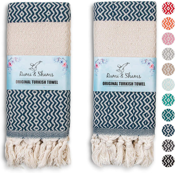 Turkish Hand Towels for Bathroom | 2 pcs Decorative 100% Cotton Farmhouse Kitchen Towels | Oeko-Tex Certified Navy Hand