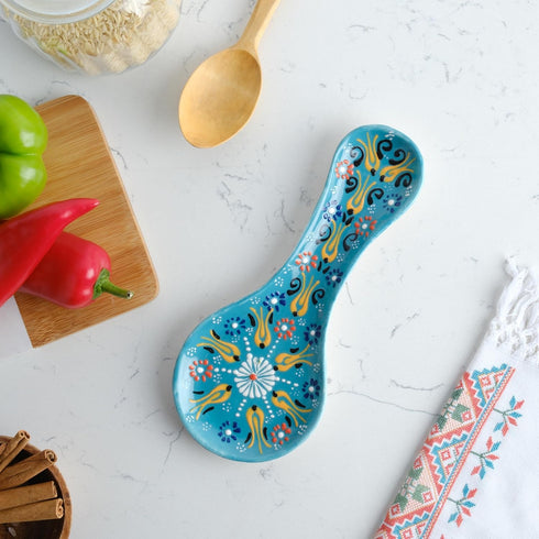 Handmade Ceramic Spoon Rest for Stove Top, 10" Colorful Kitchen Counter Utensil Holder, Dishwasher Safe