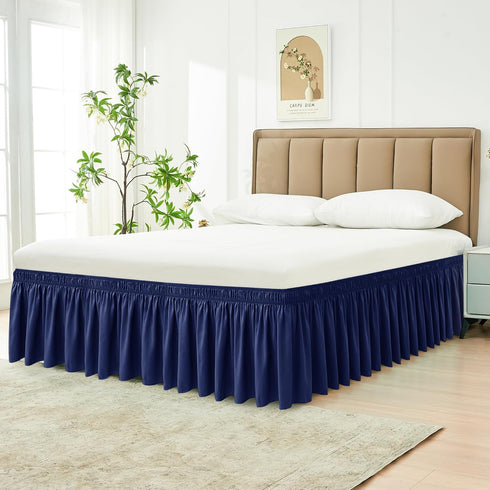 Biscaynebay Wrap Around Bed Skirts for Queen Beds, 15" Drop, Navy Adjustable Elastic Dust Ruffles, Machine Washable