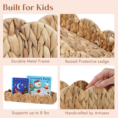 2 Pack 15.8 Nursery Book Shelves, Scalloped Water Hyacinth Book Shelf for Kids Rooms, Handwoven Floating Book Shelves