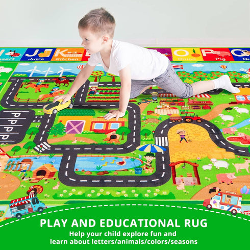 Mfmiudole 59"39.4" Kids Rug ABC Farm Play Mat for Toy Cars, Farm Life Road Traffic for Playroom Kids Car Road Rugs