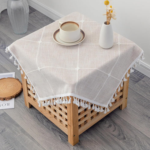 24x24 Inch Cotton Linen Small Square Tablecloth Boho Wrinkle Free Washable Plaid Table Cover with Tassels Brown