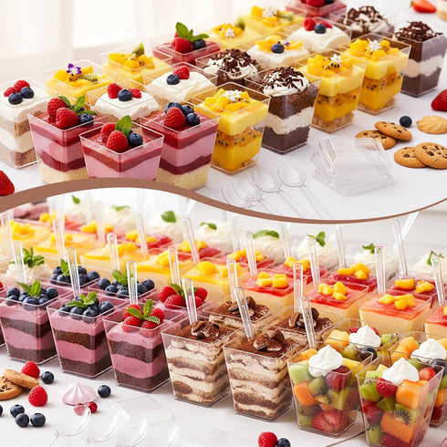 200 5 oz Pcs Clear Plastic Dessert Cups with Lids & Spoons, Reusable Parfait & Appetizer Cups, Mini Dessert Shooters