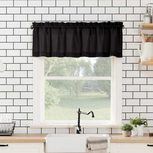 No. 918 Martine Microfiber Semi-Sheer Rod Pocket Kitchen Curtain Valance and Tiers Set, 54" x 45", Black
