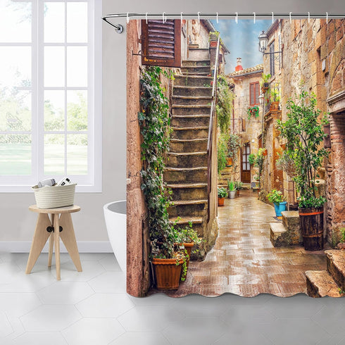 Italian Architectural Landscape Shower Curtain, European Old Mediterranean Street Design, Vintage Country Bathroom