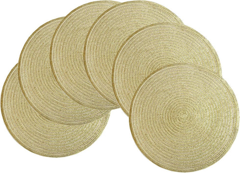 SHACOS Golden Glitter Round Braided Placemats, Set of 6 Bling Circle Place Mats for Holiday Party Wedding Shower (Gold)