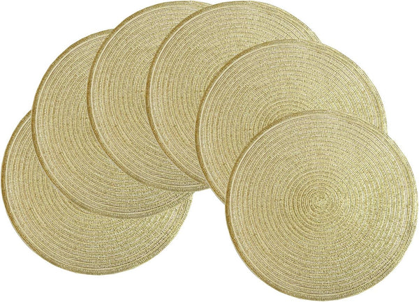 SHACOS Golden Glitter Round Braided Placemats, Set of 6 Bling Circle Place Mats for Holiday Party Wedding Shower (Gold)