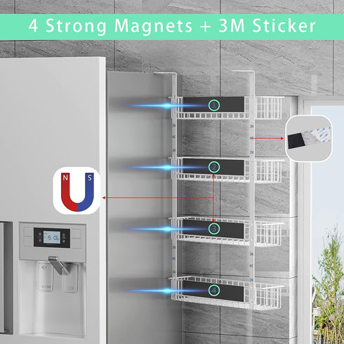 4 Tier Magnetic Spice Rack | Strongly Magnetic Spice Shelf with Utility Hooks | Refrigerator Spice Storage | Kitchen