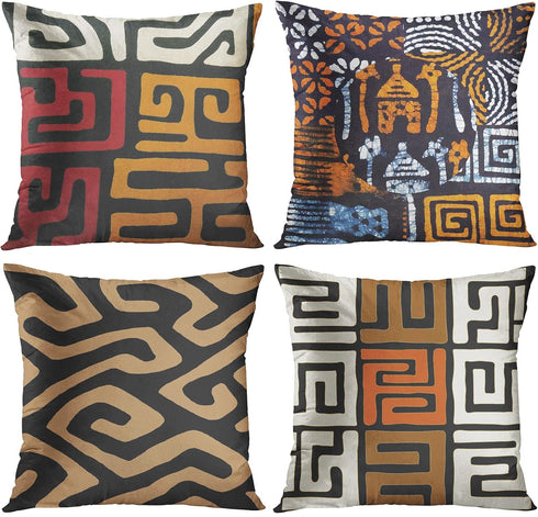 ArtSocket Set of 4 Throw Pillow Covers - Orange Tribal Kuba Inspired, Earth Colors Geometric Ethnic 18x18 Inches