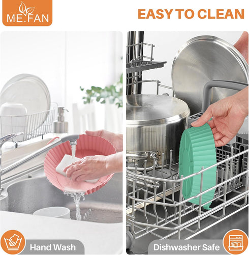 ME.FAN Air Fryer Silicone Liners, 2 Pack for 4 to 7 QT, Reusable Basket with Handles & Holes, Rose Pink & Light Grey
