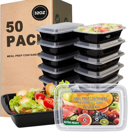 Ezalia 50 Pack- Meal Prep Containers 32oz, Plastic Food Prep Containers Reusable, Leakproof