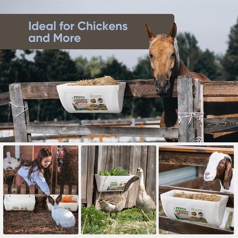 Chewoof 4 Pack 4.5 Chicken Feeders, Quart Goat Hanging Fence Feeders, with Hooks, Screws, & Chicken Coop Treat Bag