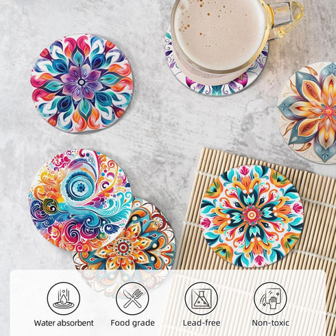 Set 6, Boho Coasters of Coasters for Drinks Absorbent Stone with Holder, Mandala Flower Ceramic Drink Coaster