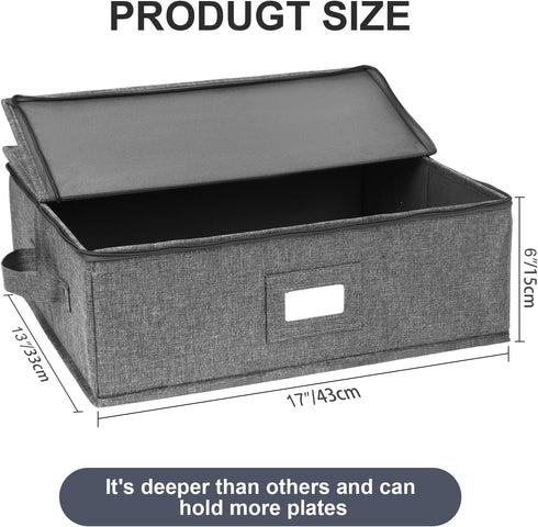 Platter Storage Case, Hard Shell China Storage Containers 17" x 13" x 6", Includes 5 Felt Dividers, Stackable, Linen