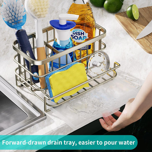 SUS304 Countertop- HapiRm Kitchen Sink Caddy Organizer - Versatile Sponge Holder with Drain Tray, Stainless Steel