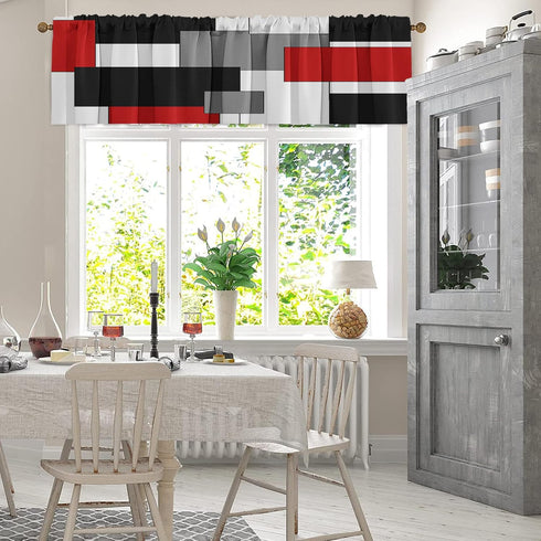 Emvency 2 Pack Valances Window Treatments, Red and Black Geometry Abstract Modern Art, 18x52