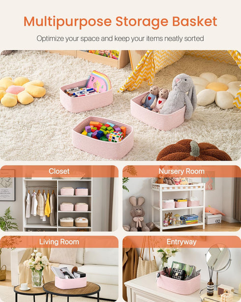 12 8 4.5 Inches, Closet 3 Pack Small Woven Basket, x x Storage Basket for Organizing, Cute Small Rope Shelf Cube