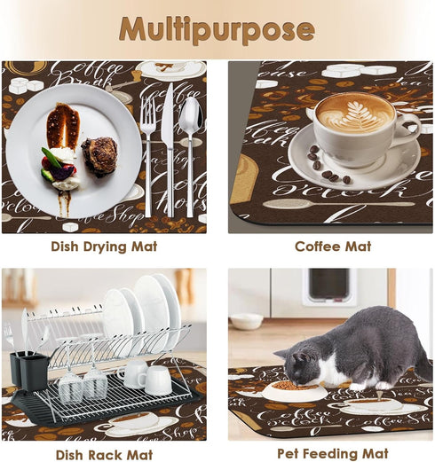 Coffee Mat for Countertops, 2 Pcs Retro Vintage Brown Dish Drying Mat for Kitchen Coffee Bar, Fits Under Espresso