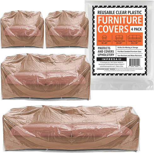 IMPRESA Variety 4 Pack Plastic Furniture Covers for Moving & Storage - Couch Covers for Sofa, Loveseat & Armchairs