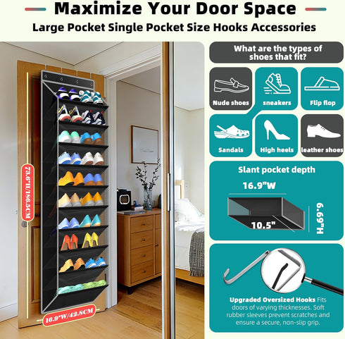 PAULONE 10-Pocket 95lbs 10-Shelf,) Multi-Use Over the Door Organizer, Heavy Duty Capacity with Breathable Mesh
