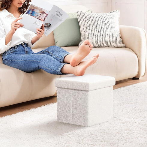 White,11.8"x11.8"x11.8" PINPLUS Storage Ottoman Cube Square Shaped Ottomans with Storage Foot Stool Footrest for Lving