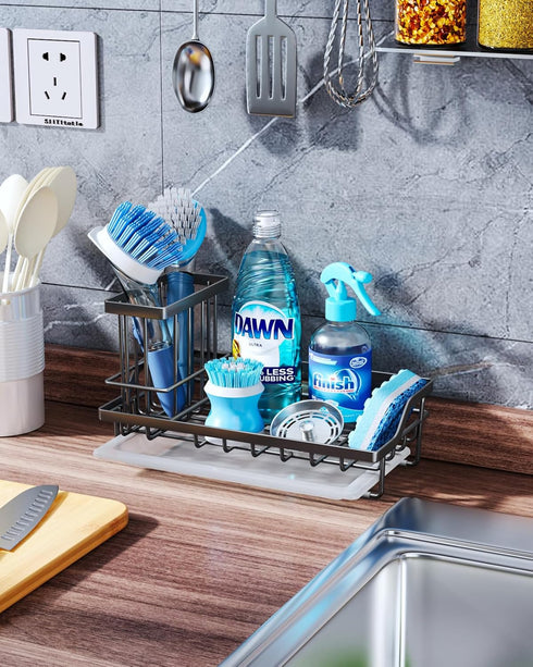 Consumest Sink Caddy Kitchen Sponge Holder + Dish Brush Holder with Drip Tray for Countertop, Stainless Steel, Black