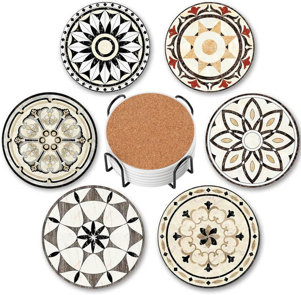 Baalaka Drink Coasters Set of 6 with Holder, Ceramic Absorbent Coaster for