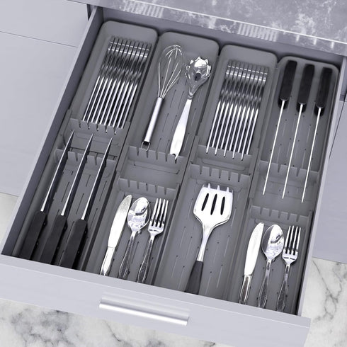 Kitchen Drawer Silverware Organizer, Adjustable Cutlery Holder, Expandable Utensils Tray for Flatware Storage