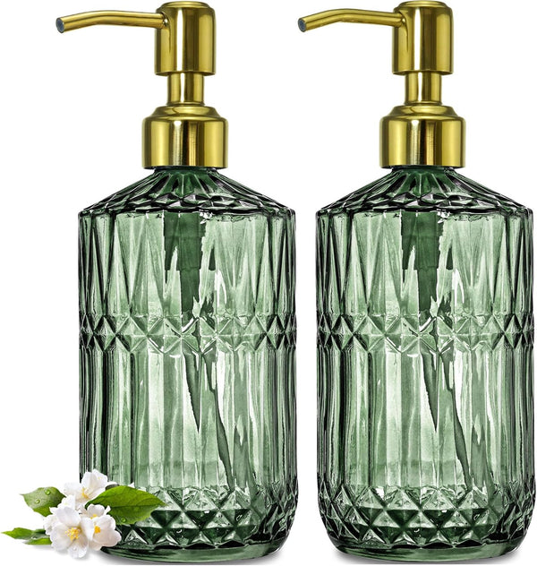 JASAI 2Pack 18Oz Green Glass Soap Dispenser with Gold Rust Proof Pump,