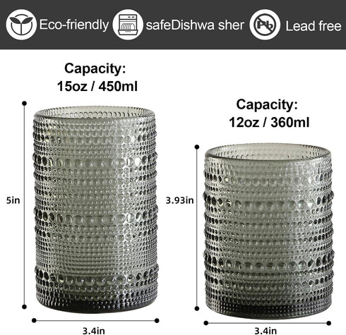 ZMOWIPDL Set 8,Grey 12 oz 15oz Vintage Hobnail Drinking Glasses of & Highball Glass Cups, Kitchen Drinkware